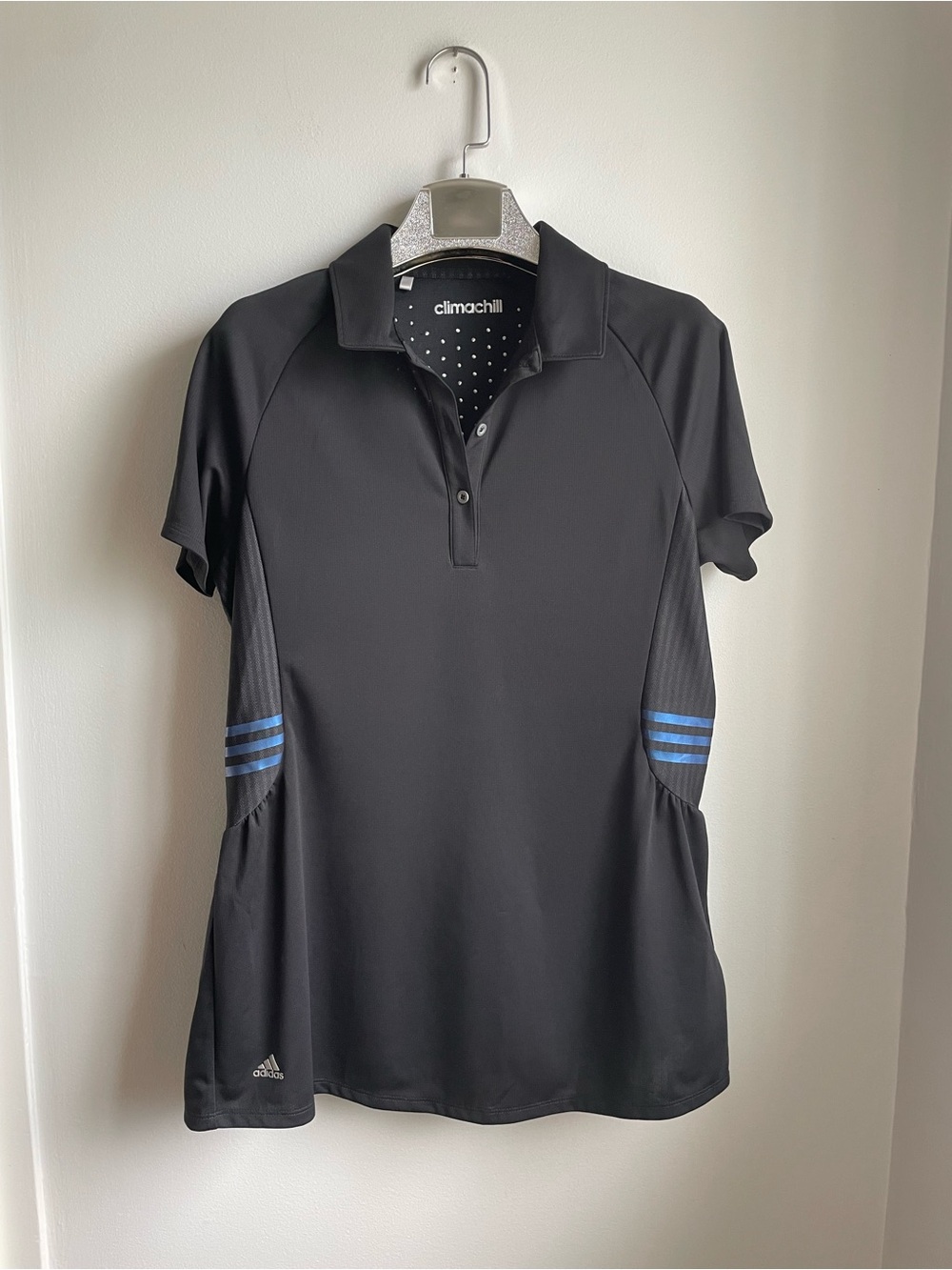 adidas Black Polo Top with Blue Side Stripes